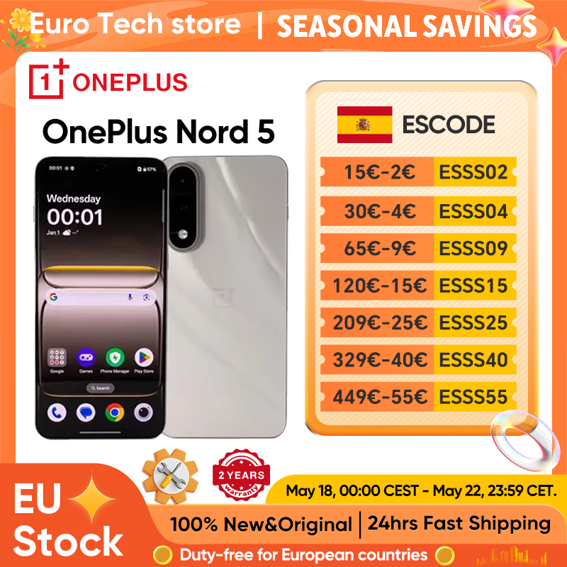 OnePlus Nord 5 Smartphone 5G Snapdragon 8s Gen 3 6,83”AMOLED-display 144 Hz 5200 mAh 80 W SUPERVOOC Opladen 50 MP dubbele camera's