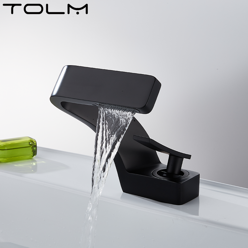 TOLM Chrom Weiß Waschtischarmatur Deckenmontierte Wasserfall-Badezimmer-Waschtischarmatur Einhandmischer für Warm- und Kaltwasser