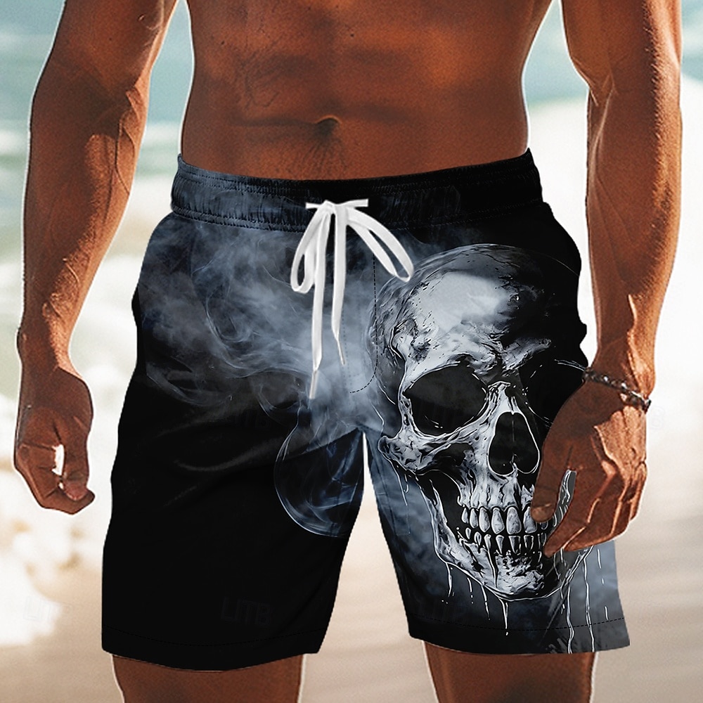 Men's Skull Printed Board Shorts, Mid Waist Dark Gothic Drawstring Swim Trunks, Daily Vacation Wear for Spring & Summer