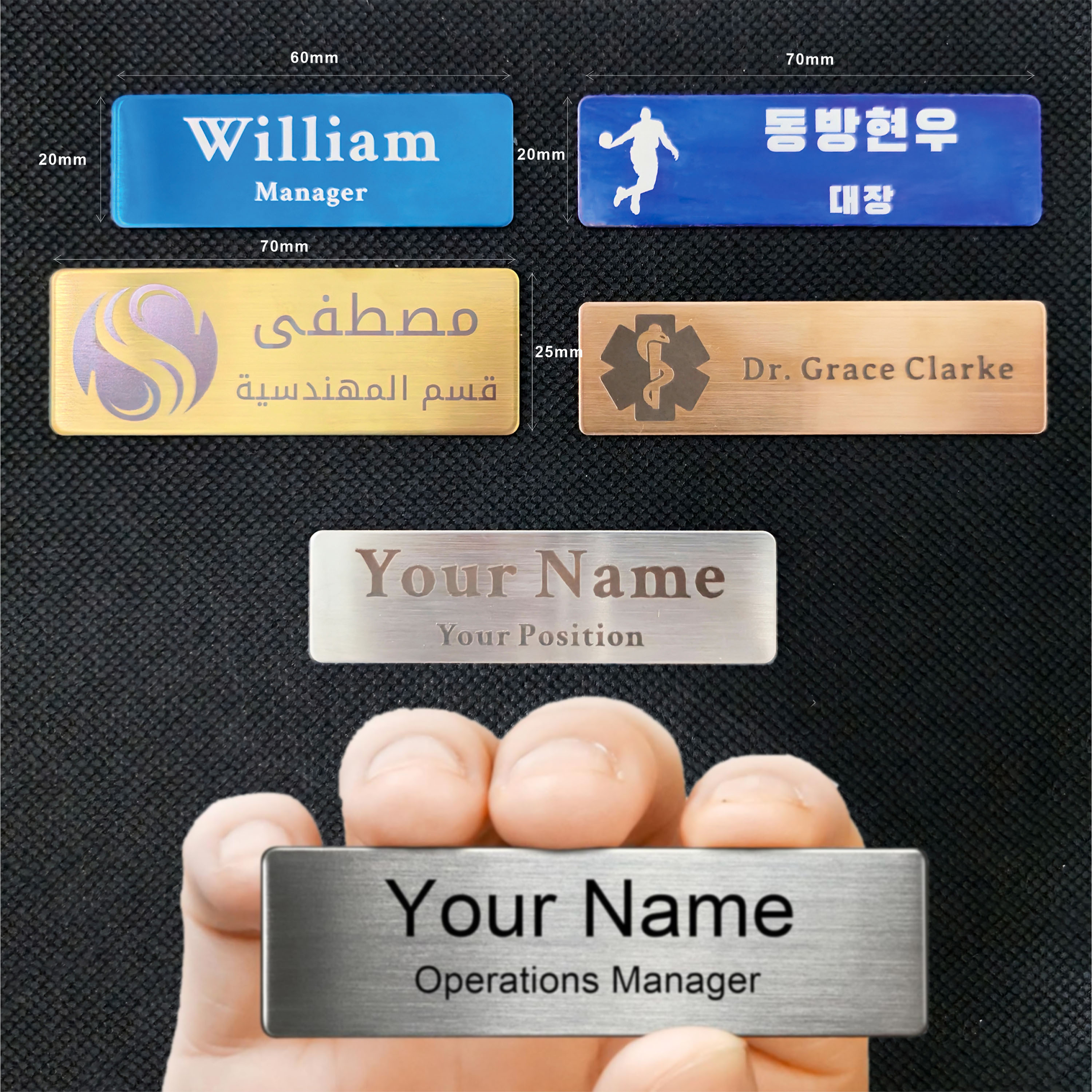 Etiquetas de nome personalizadas gravadas com clipe magnético ou pino - Etiqueta de crachá de identificação de nome magnético personalizado de metal de aço inoxidável para a escola