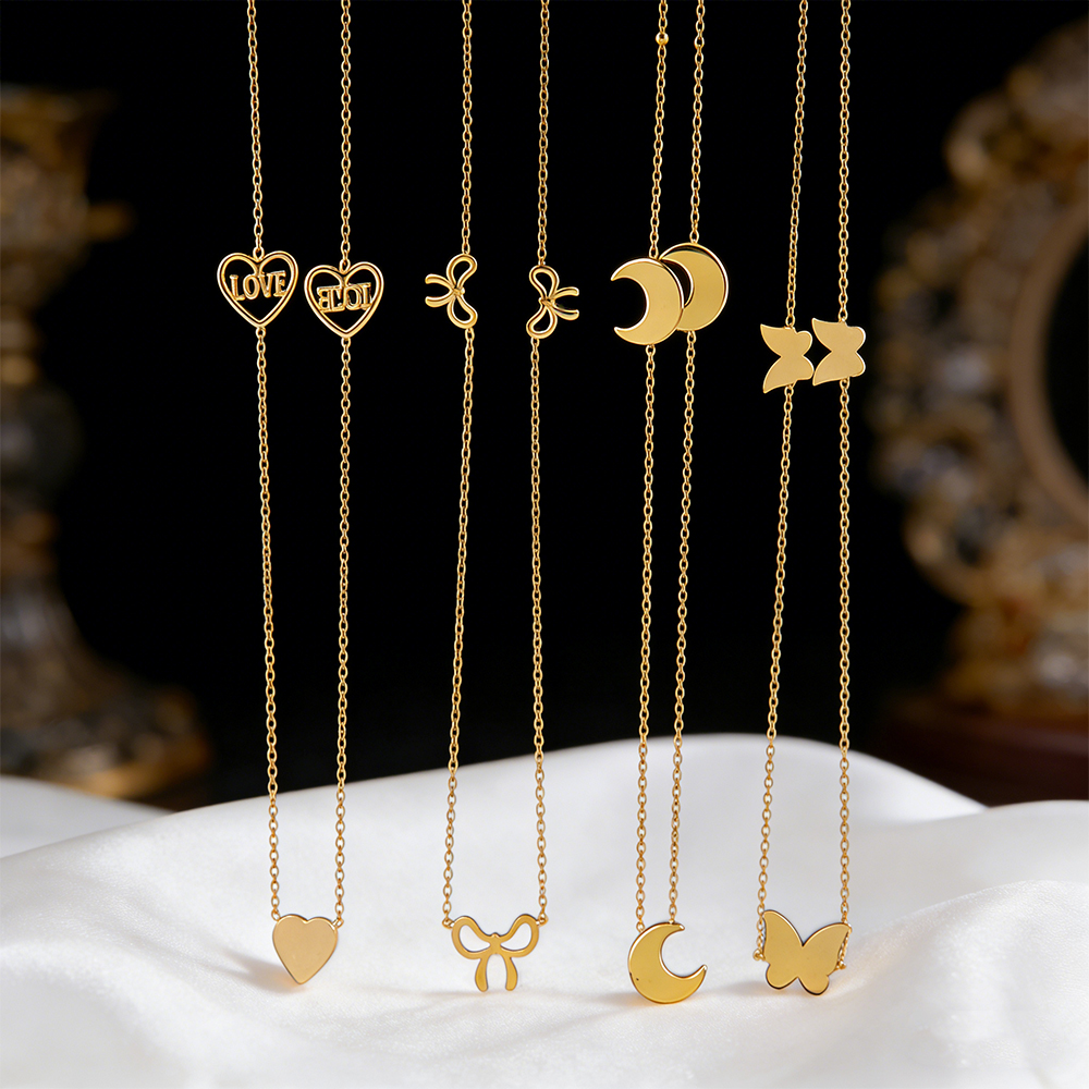 Novo Colar Feminino Longo de Metal Dourado, Acessório de Corrente para Suéter, Aço Inoxidável de Alta Qualidade, Colares de Coração e Amor