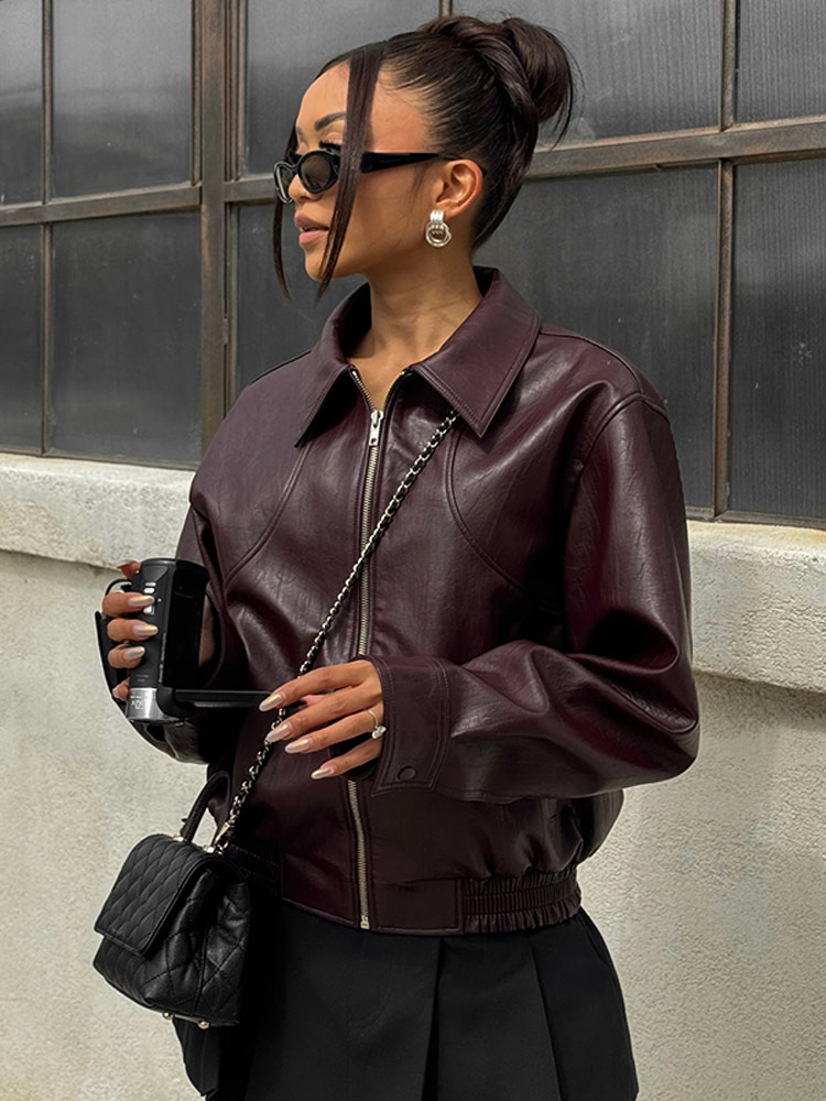 2024 Vintage Solide Zip Up Faux Leder Jacke Für Frauen Chic Turndown Kragen Langarm Übergroßen Mantel Damen Hohe Streetwear