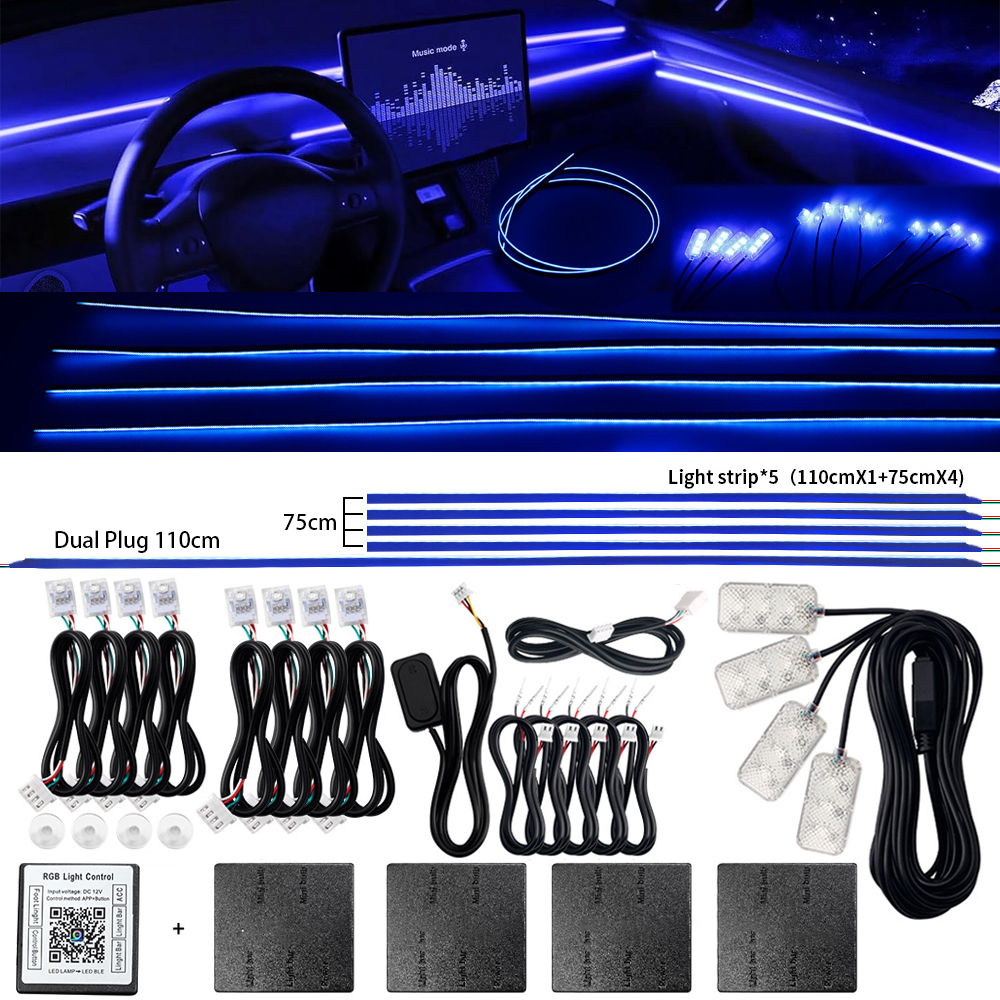 Samochodowa listwa LED RGB, ambientowa, wewnętrzna, ukryta, 64 kolory, akrylowa, neonowa, akcesoria RGB, dekoracja, atmosfera, sterowanie aplikacją Bluetooth