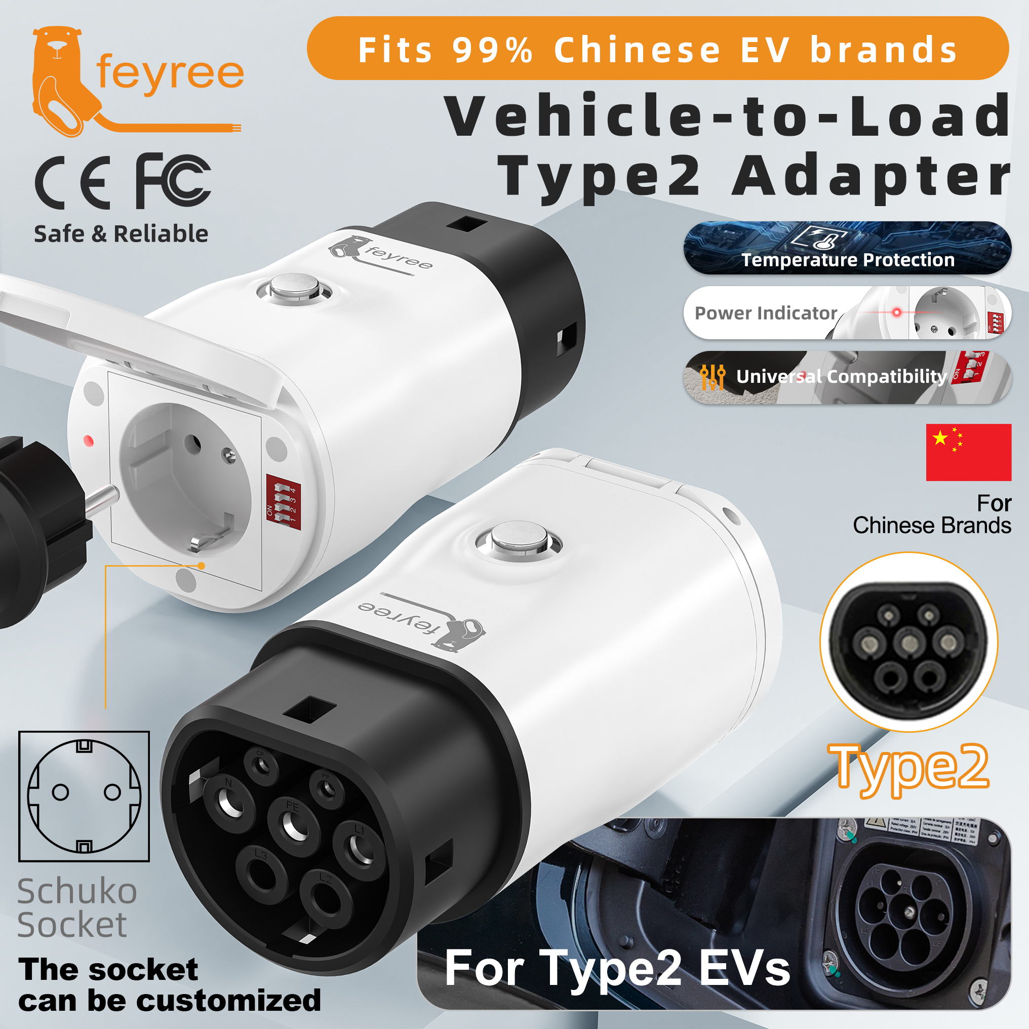 Портативный адаптер Feyree Type2 V2L с переключателем регулировки мощности для китайского автомобиля электромобиля, разрядное устройство для кемпинга и использования на открытом воздухе