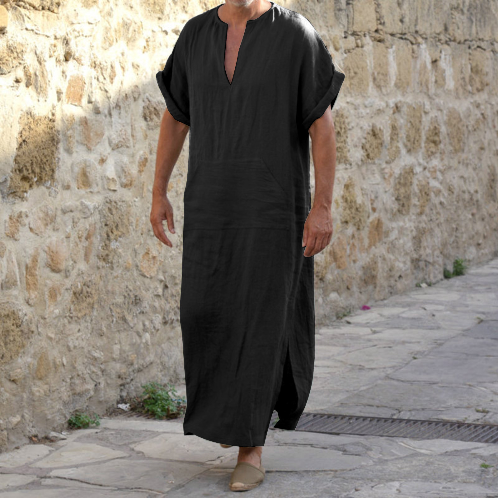 Camisas compridas de linho de algodão masculino, Jubba Thobe, manga curta retrô com decote V, árabes, islâmicas, vestidos masculinos, kaftan muçulmano, verão