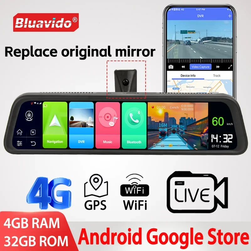 Bluavido 4G RAM Pintar Android 8.1 Cermin Mobil DVR GPS Navigasi HD 1080P Kamera Perekam Video ADAS 32G ROM Tambahkan Braket Asli