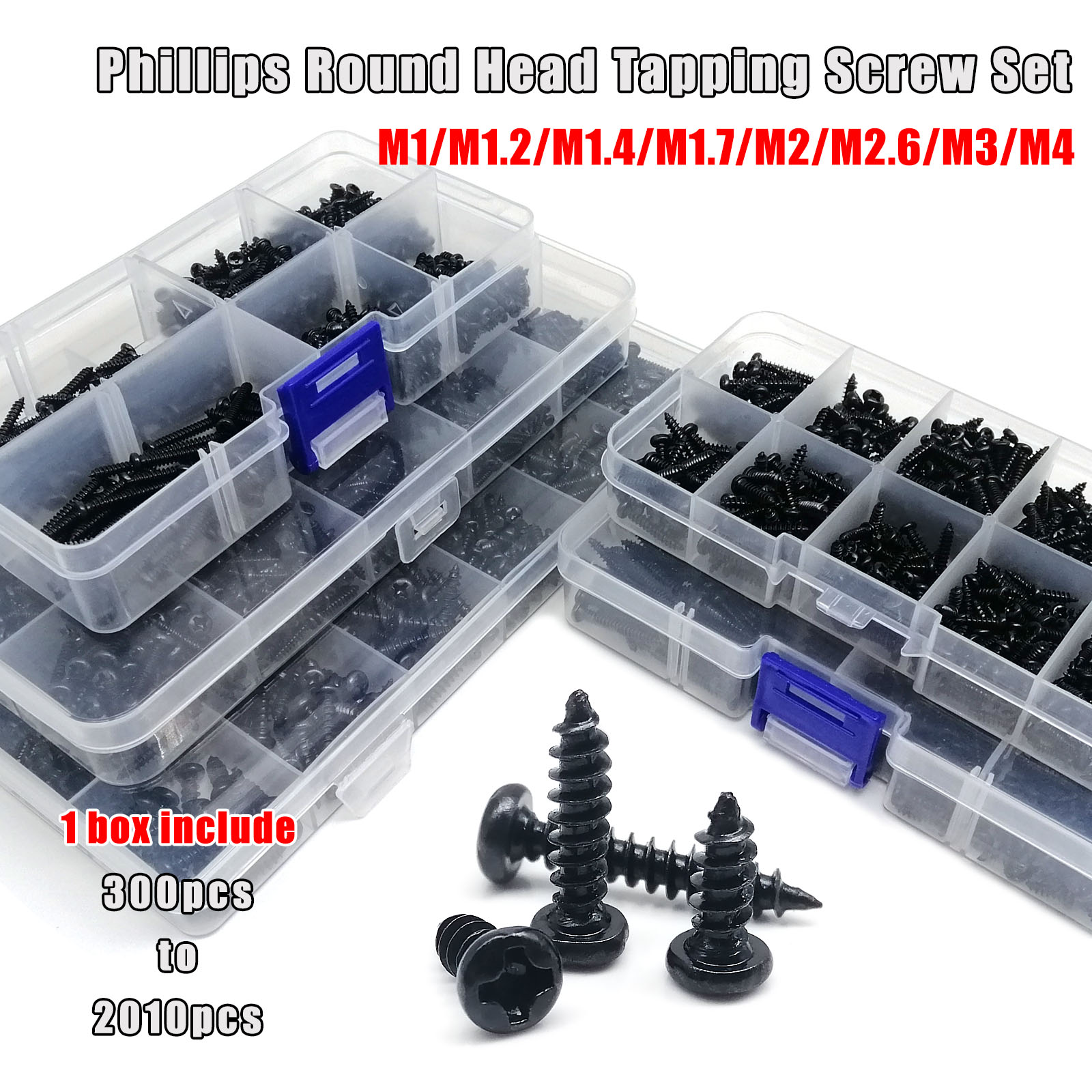 700/2010pcs M1 M1.2 M1.4 M1.7 M2 M3 M4 Black Steel Mini Micro Cross Phillips Round Pan Head Self Tapping Wood Screw Set Kit Box
