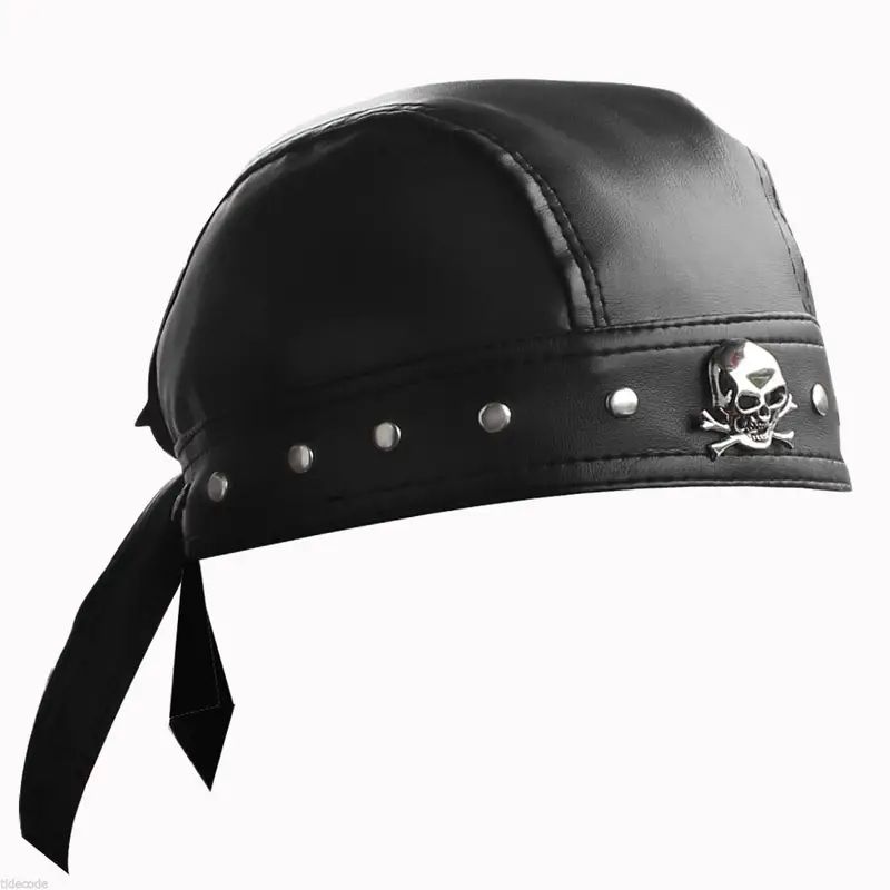 Capacete de motocicleta bandana de caveira de couro preto – presente fedorado de Halloween para cosplay de motociclista urbano