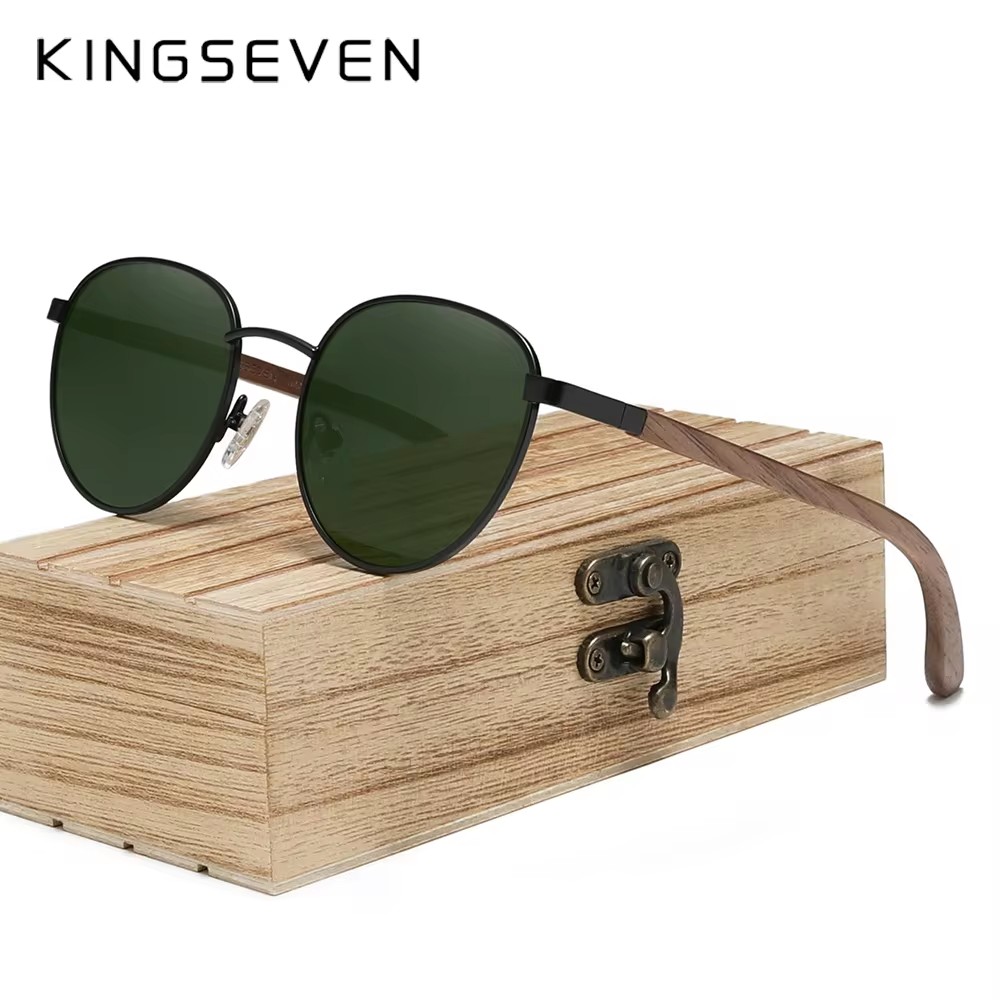Kingseven piloto óculos de sol de madeira de nogueira para homens mulheres uv400 óculos hd lente polarizada condução pesca óculos