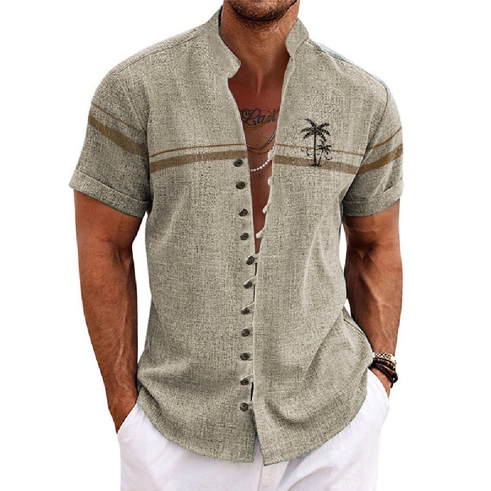 Nieuw linnen herenshirt met korte mouwen, met een modieuze retrostijl, etnisch motief bedrukt, comfortabel en ademend. Heren sh