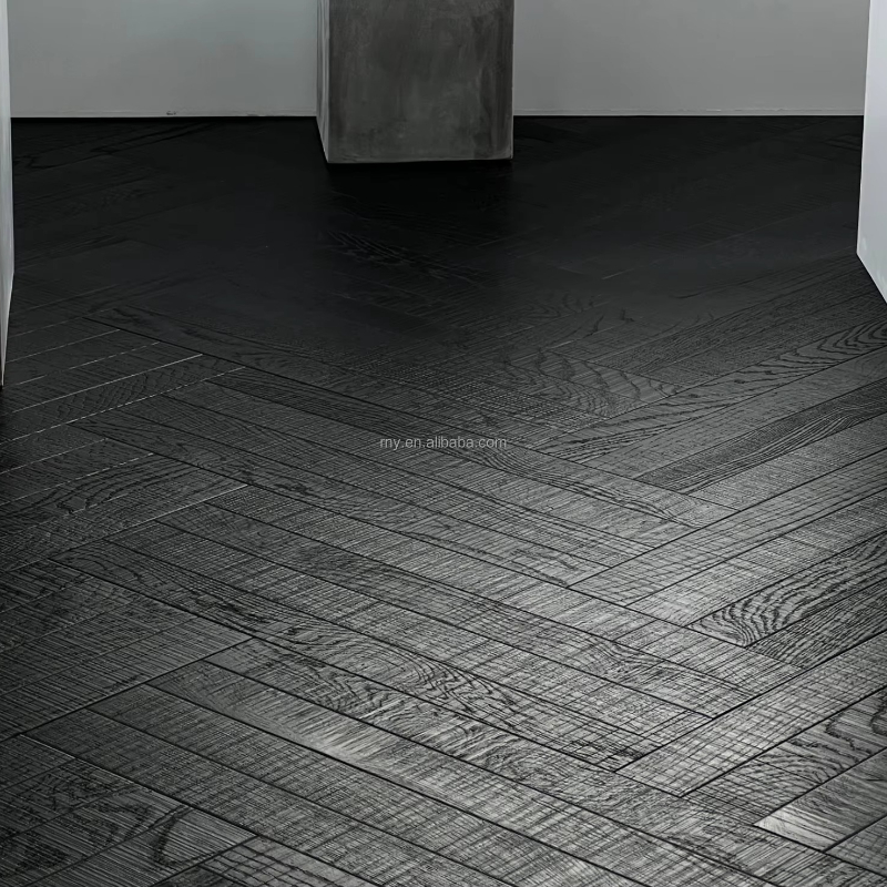 Customized version Modern pure black stain Cognac oak parquet herringbone flooring Silk brush significant other finishes