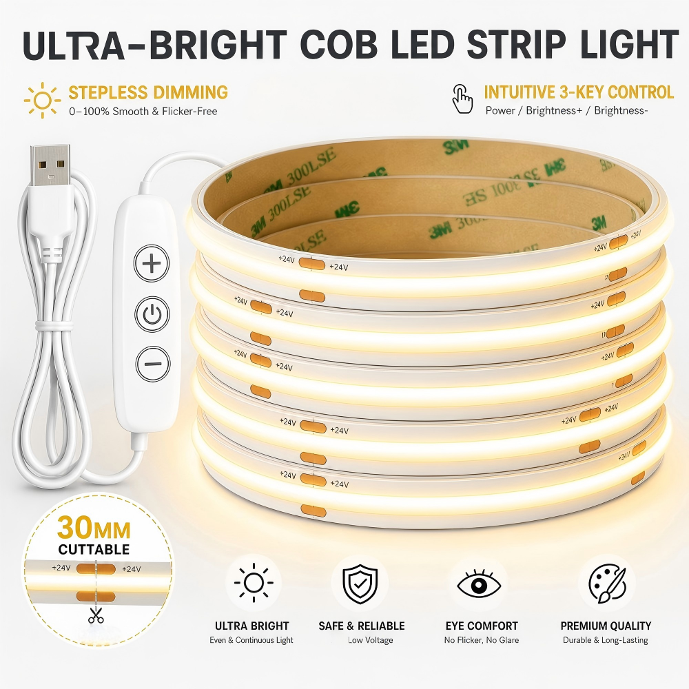 Fita de LED COB 5V Dimmable USB Flexível com Interruptor ON/OFF 320 LEDs de Alta Densidade Iluminação Linear Adesiva