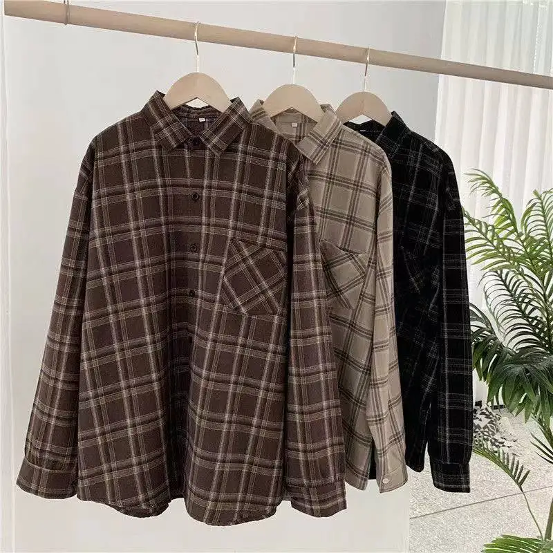 Vintage Frauen Plaid Shirts Lose Oversize Lange Sleeve Button Up Herbst Hemd Casual Tasche Weibliche Tops Koreanische Schwarz Tops