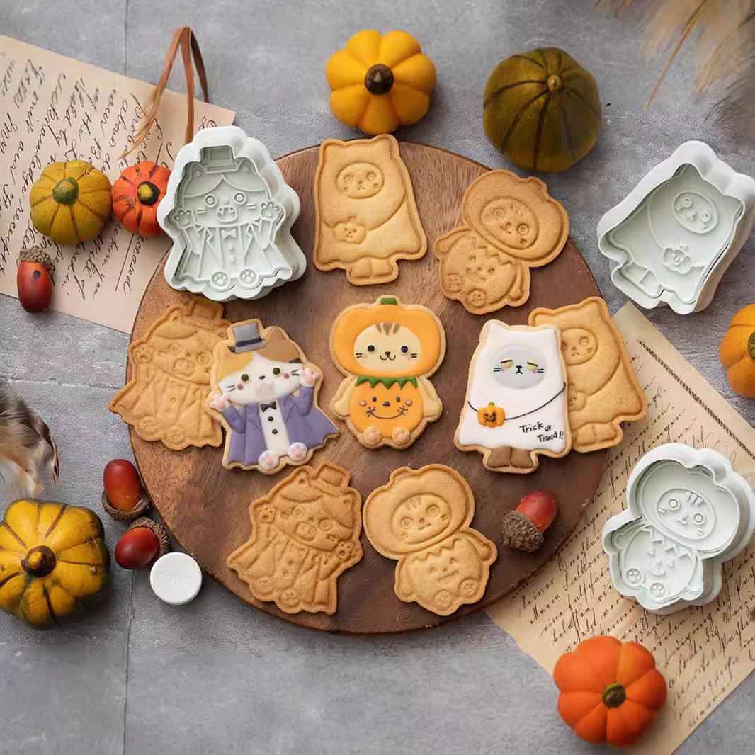 3Pcs pesta Halloween pemotong kue 3D kerangka plastik timbul cap biskuit cetakan Fondant Pastry kartun dekorasi kue