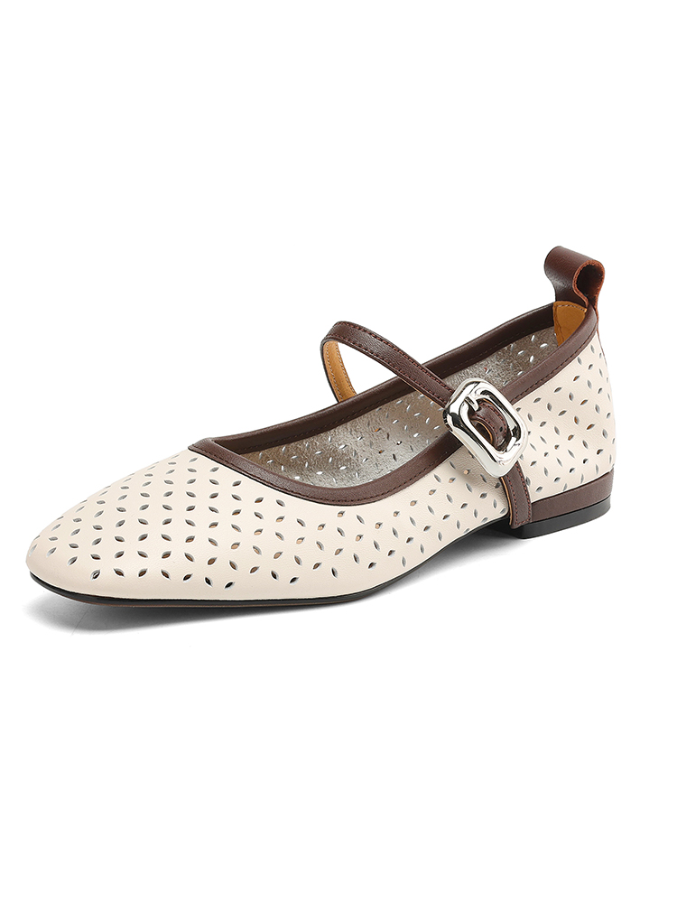 Chaussures plates de Ballet creuses en cuir véritable pour femmes, nouvelle tendance d'été, bout carré fermé, boucle en un mot, noires et beiges, 2025