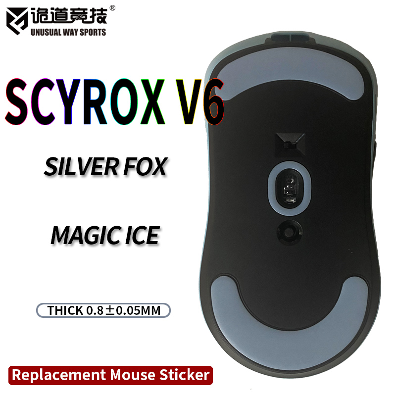 Patins de souris UnusualWaySports Scyrox V6 S Surface Courbée PTFE Anti-Collaps Magic Ice Black Silver Fox