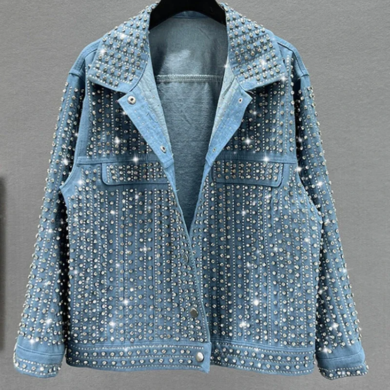 Luxury Women Patchwork Diamonds rivetti giacca di Jeans con risvolto strass Jeans cappotti capispalla autunno Streetwear Cardigan allentato