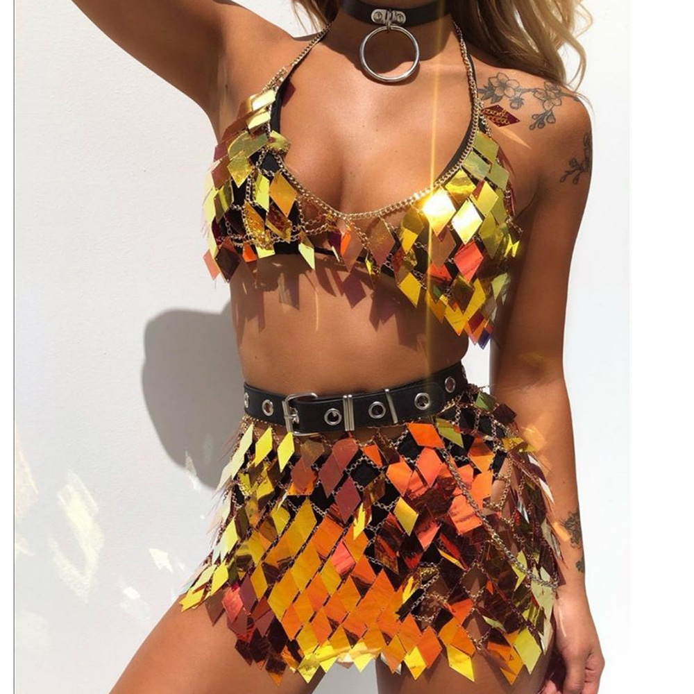 Conjunto de lentejuelas de 6 colores para mujer, camisola con cuello en V y Espalda descubierta, minifalda ahuecada Sexy, conjunto de cadena corporal para Festival Rave, moda de verano