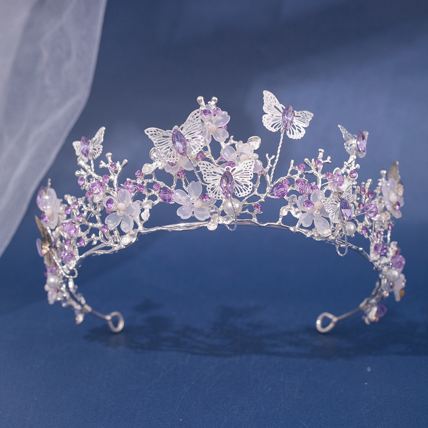 Tiaras nupciales de mariposa de cristal púrpura de Color plateado barroco, coronas, tocado, diadema de desfile de diamantes de imitación, accesorios para el cabello de boda