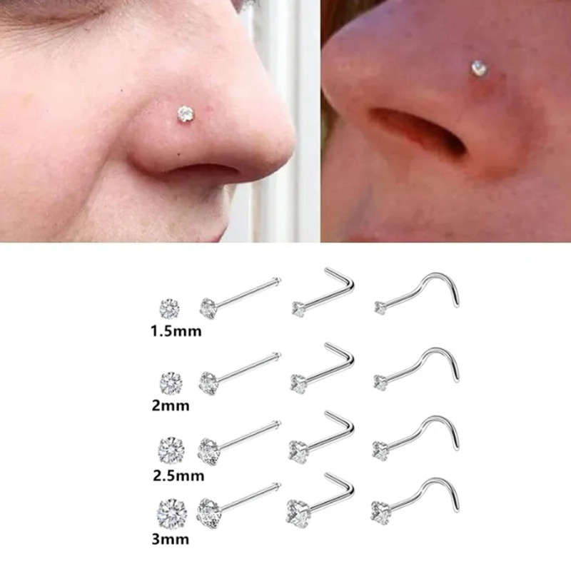 1 pçs de cristal anel nariz parafuso prisioneiro conjunto l forma aço inoxidável torção cz nariz parafuso prisioneiro pacote 1.5 2mm 2.5mm nariz anel conjunto piercing nez lote