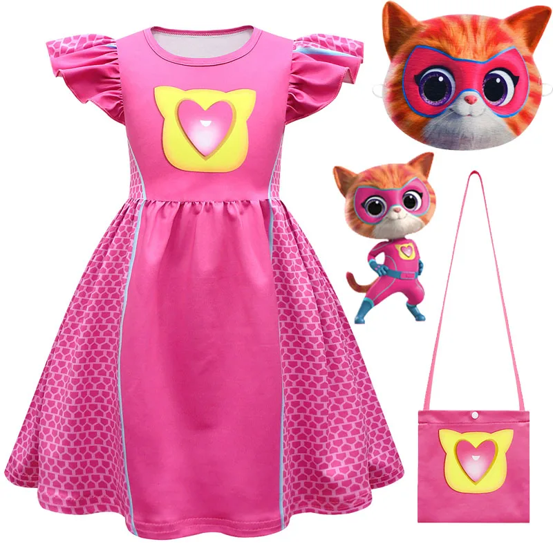 Kostum Cosplay anak perempuan, baju anak perempuan lengan Fly kasual + Masker + tas, motif kartun Super Kitties