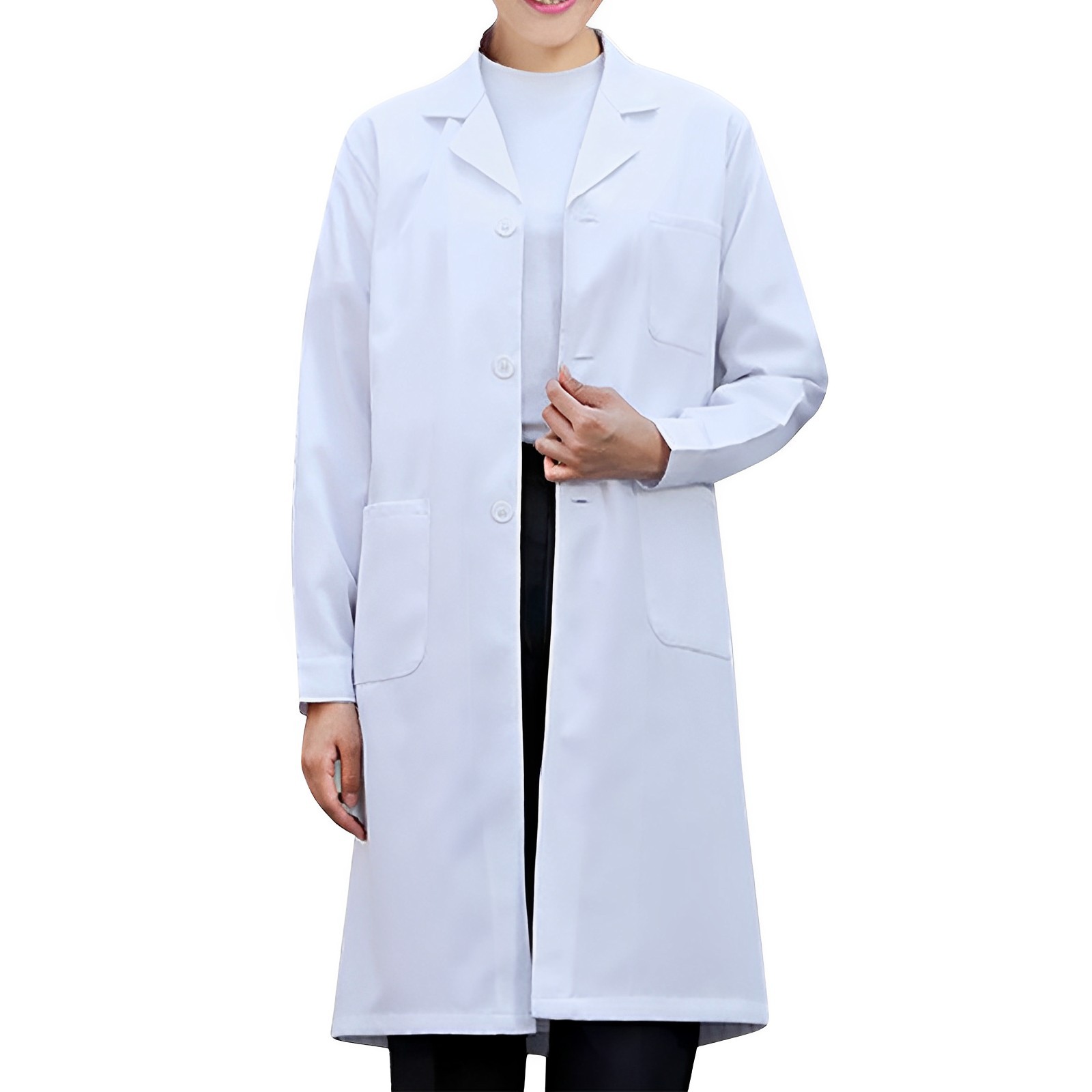 Bata de laboratorio blanca de manga larga Unisex para hombre y mujer, blusa tipo túnica con cuello de solapa con muescas y botones para uniforme médico y enfermera