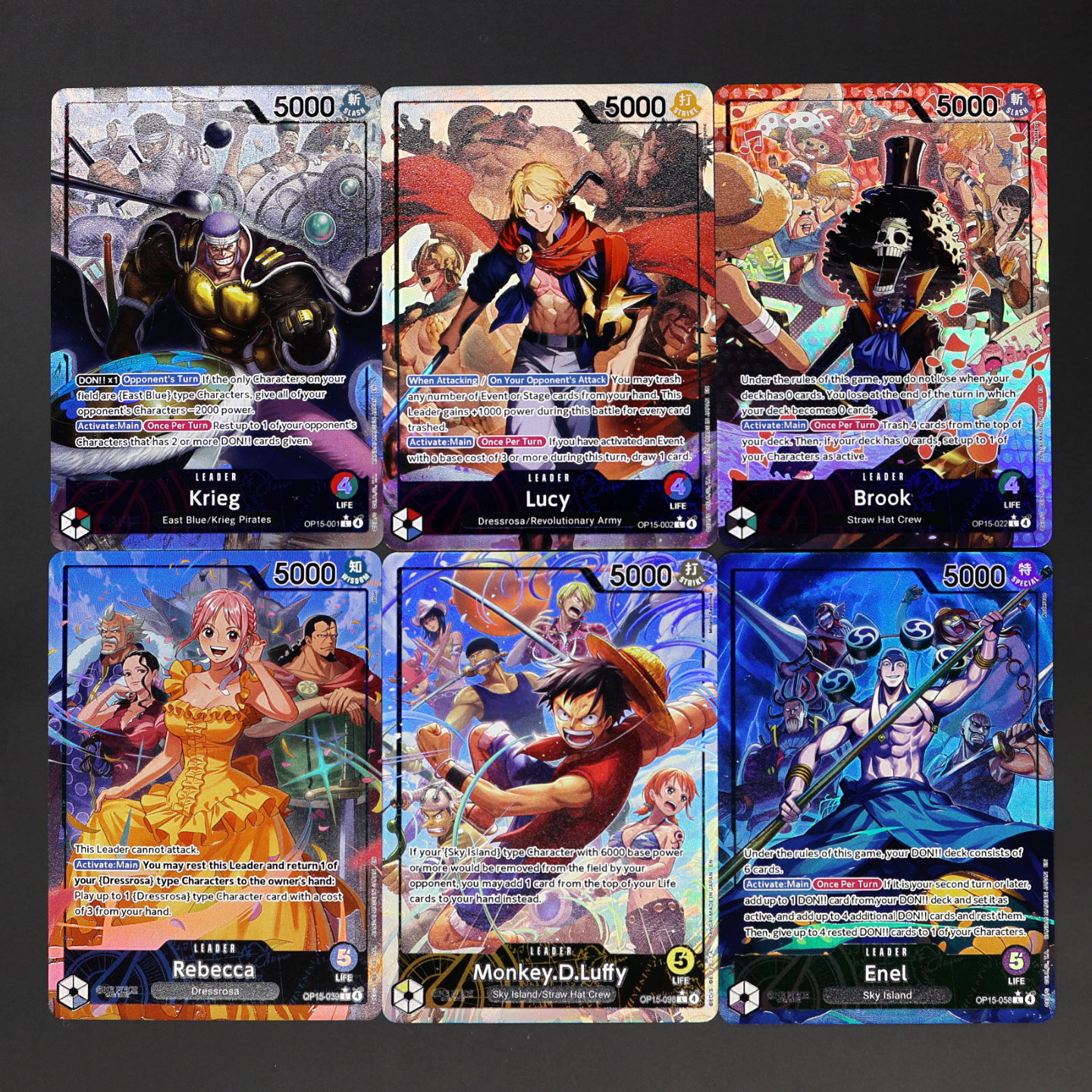 One Piece TCG OPCG Englische Leader-Karte OP15 Leader-Kartenset Luffy Lucy Enel Krieg Rebeca Brook KAMI's Island Texturierte Folienkarte