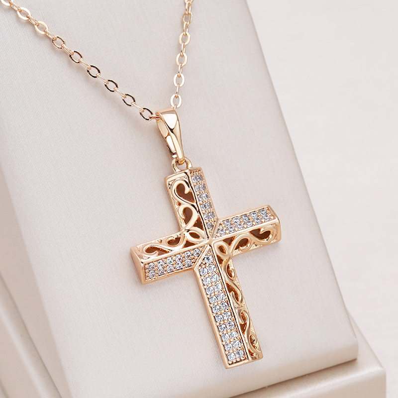 Kinel exquis croix colliers 585 or Rose Micro cire incrustation naturel Zircon creux fleur colliers pour femmes Vintage bijoux