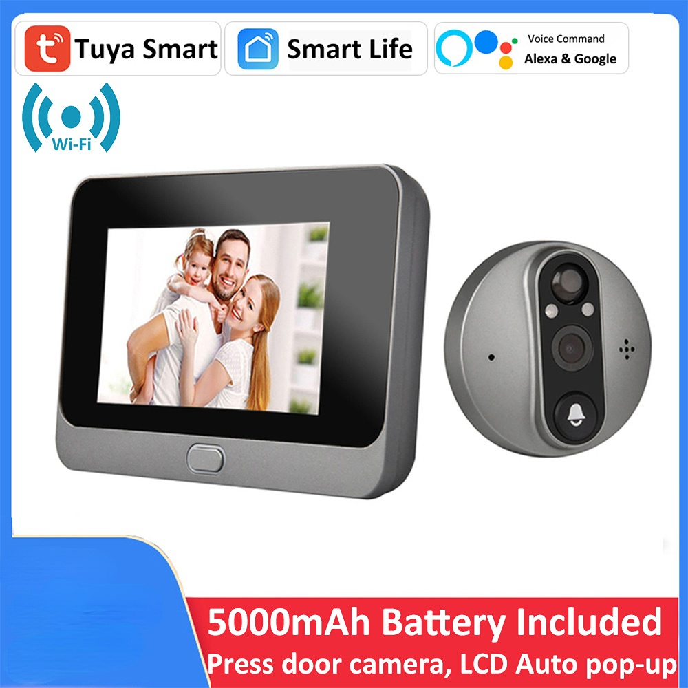 Timbre de puerta inteligente Tuya 1080P WiFi, cámara de mirilla ocular, Audio de 5000mAh, 4,3 'PIR FHD, infrarrojo, Alexa, anuncio de Google, visor Digital