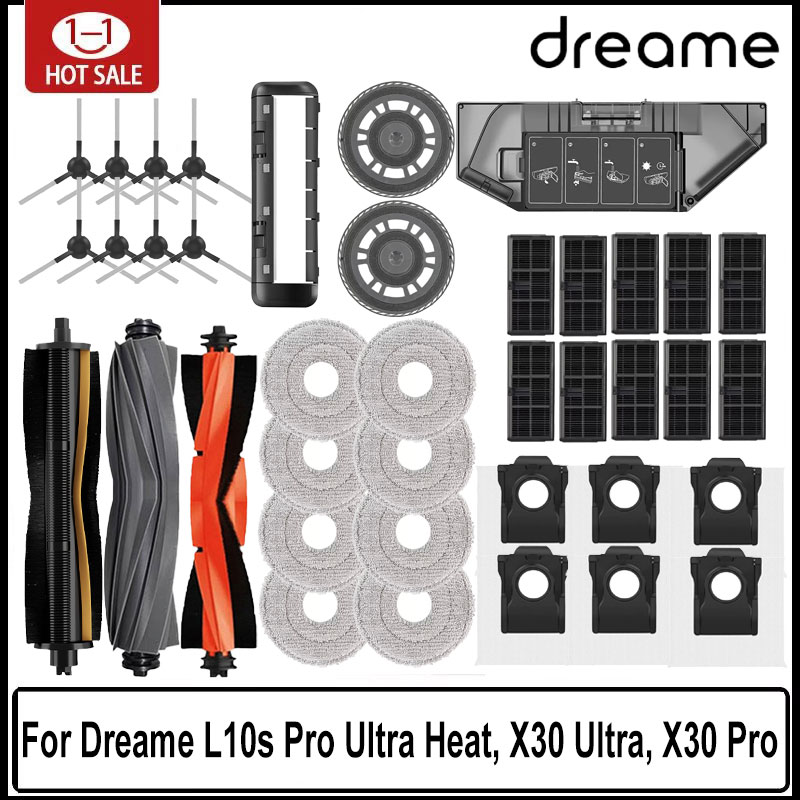 Dreame L10s Pro Ultra Heat, X30 Ultra, X30 Pro Accesorios Reemplazo de aspiradora Filtro de cepillo lateral principal Bolsa de polvo para fregona