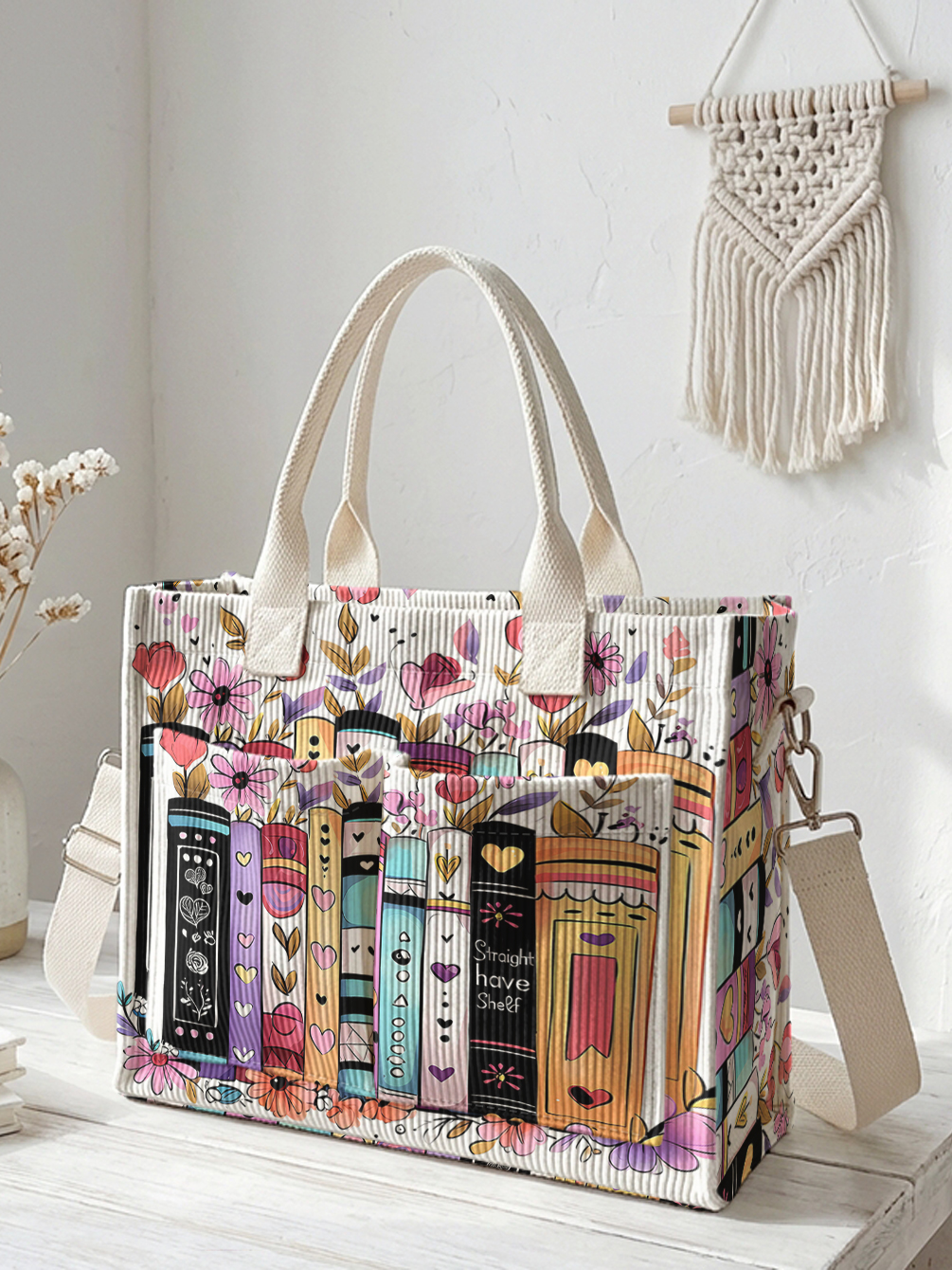 Bolsa tote de veludo com estampa de livros e flores coloridas, bolsa de ombro para viagem com grande capacidade e vários bolsos