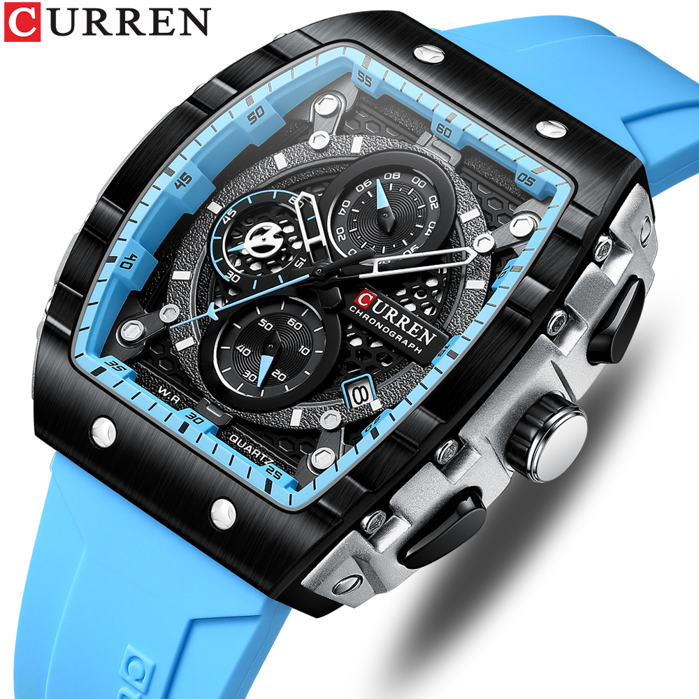 CURREN Tonneau спортивные часы с циферблатом для мужчин модные водонепроницаемые кварцевые наручные часы с автоматической датой Желтый силиконовый ремешок светящийся