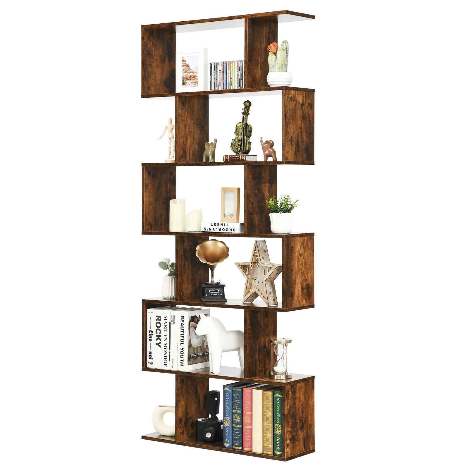 Goflame 6-Tier Boekenplank, S-Vormige Boekenkast, Moderne Geometrische Boekenplank