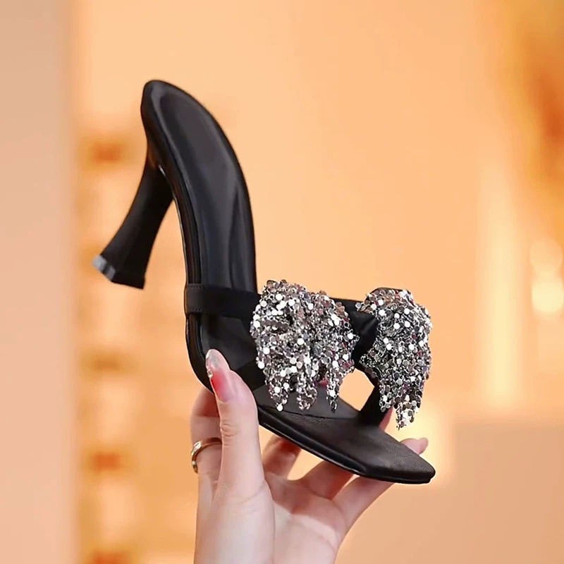 Fashion Stiletto Slippers Summer New Square Toe Shallow Mouth Open Toe Crystal Bow Non-Slip Wear-Resistant Flip-Flops