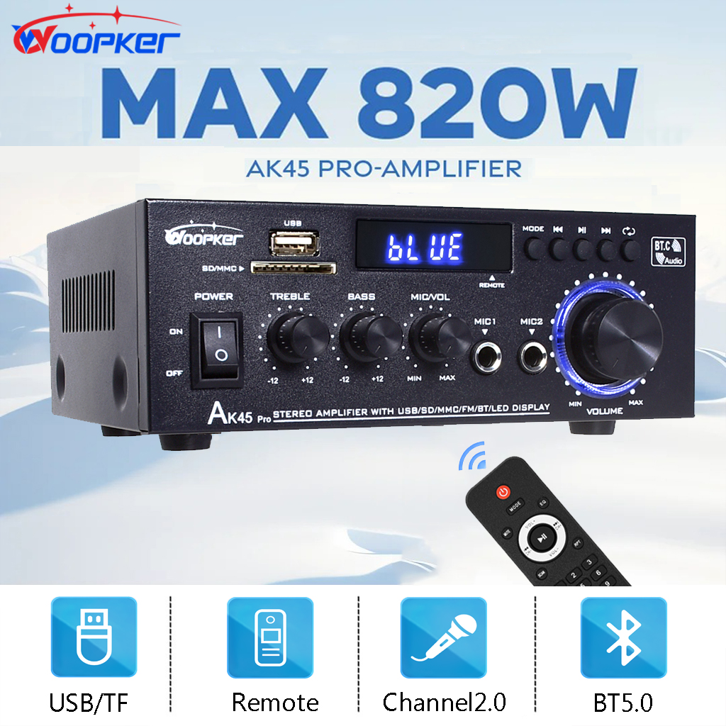 Woopker AK45 Pro amplificador de Audio salida máxima 820W canal 2,0 Bluetooth AMP Karaoke HiFi receptor estéreo Digital para RV domésticos