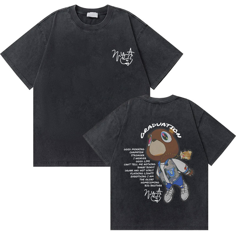 Gewaschenes Vintage Rapper Kanye West Graduation Bear Grafik T-Shirt Herren T-Shirt aus reiner Baumwolle Herren Hip Hop Mode Übergroßes T-Shirt