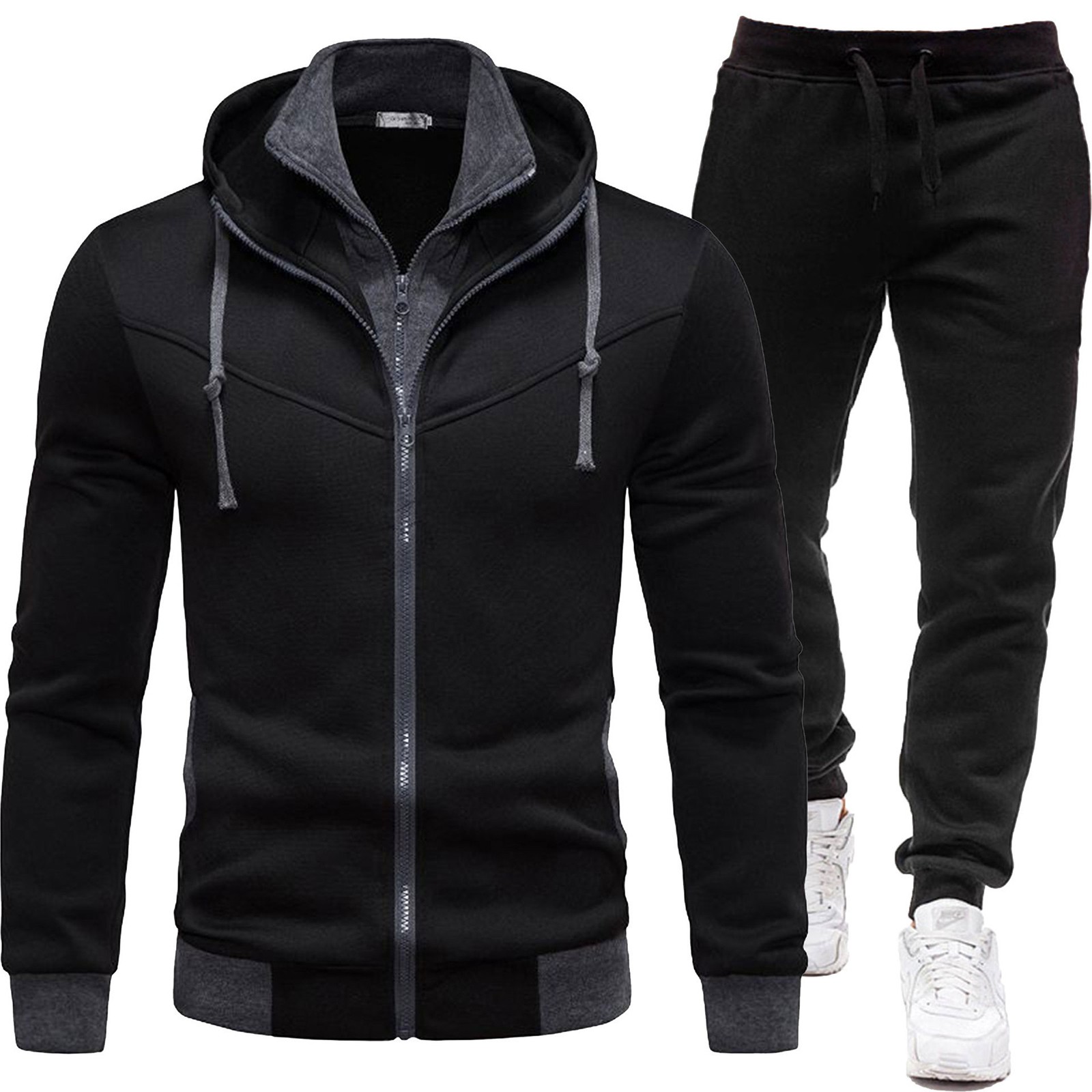 Sudaderas con capucha para hombre, conjunto de 2 piezas, Sudadera con capucha negra + Pantalones de chándal, conjunto de chándal deportivo informal de gran tamaño, prendas de vestir falsas de 2 piezas + conjuntos de pantalones