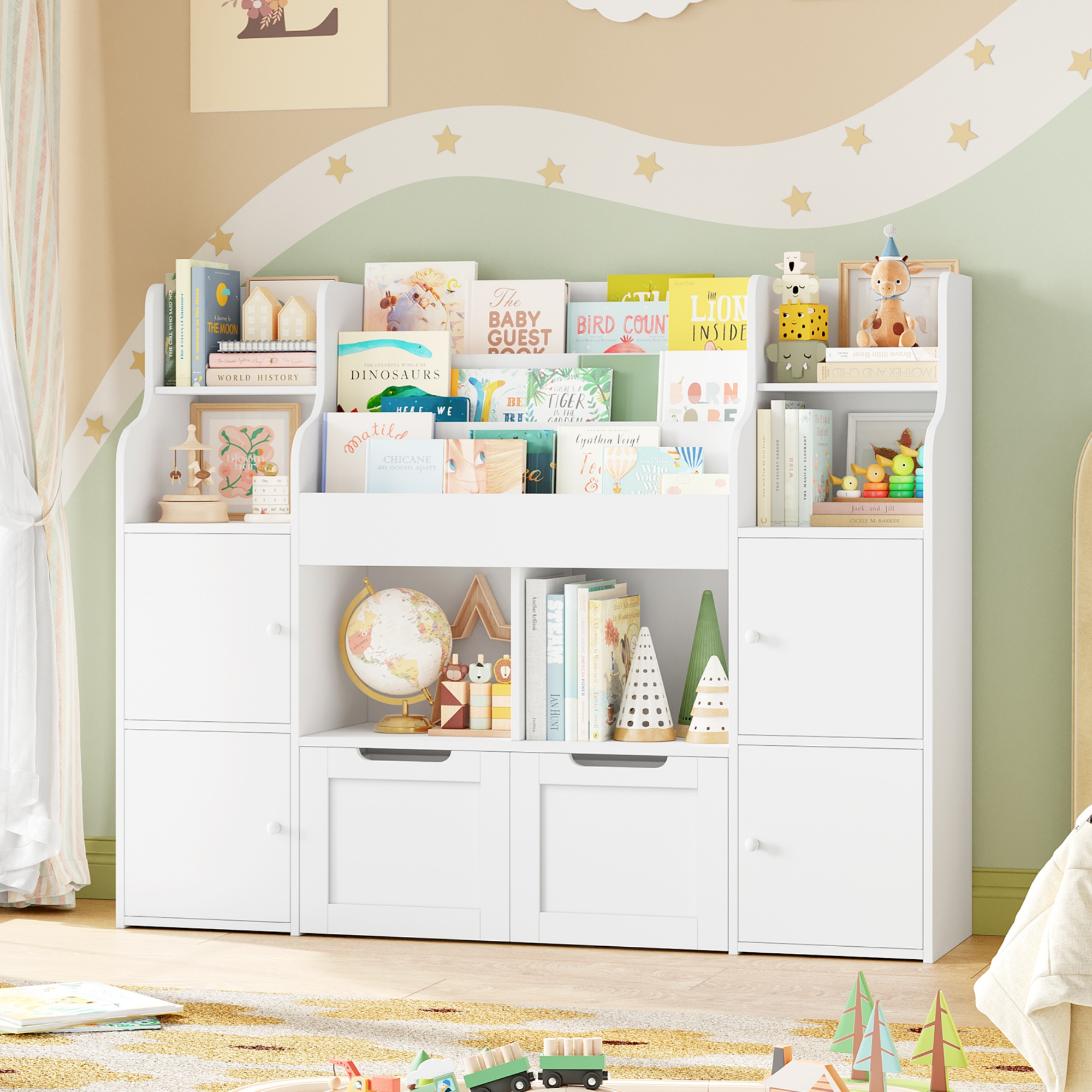 Getone Toy Storage, regał na zabawki, regał na książki dla dzieci, regał dziecięcy 3-poziomowy, regał dziecięcy z 2 szufladami na kółkach, 4 drzwiczki, 6 otwartych półek, wielofunkcyjny regał na zabawki 122x30x100cm