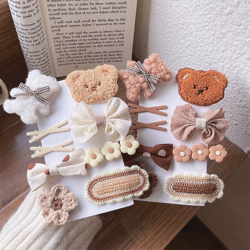 9 pçs meninas grampo de cabelo dos desenhos animados urso flores arco decoração hairpin lado bonito pelúcia marrom acessórios