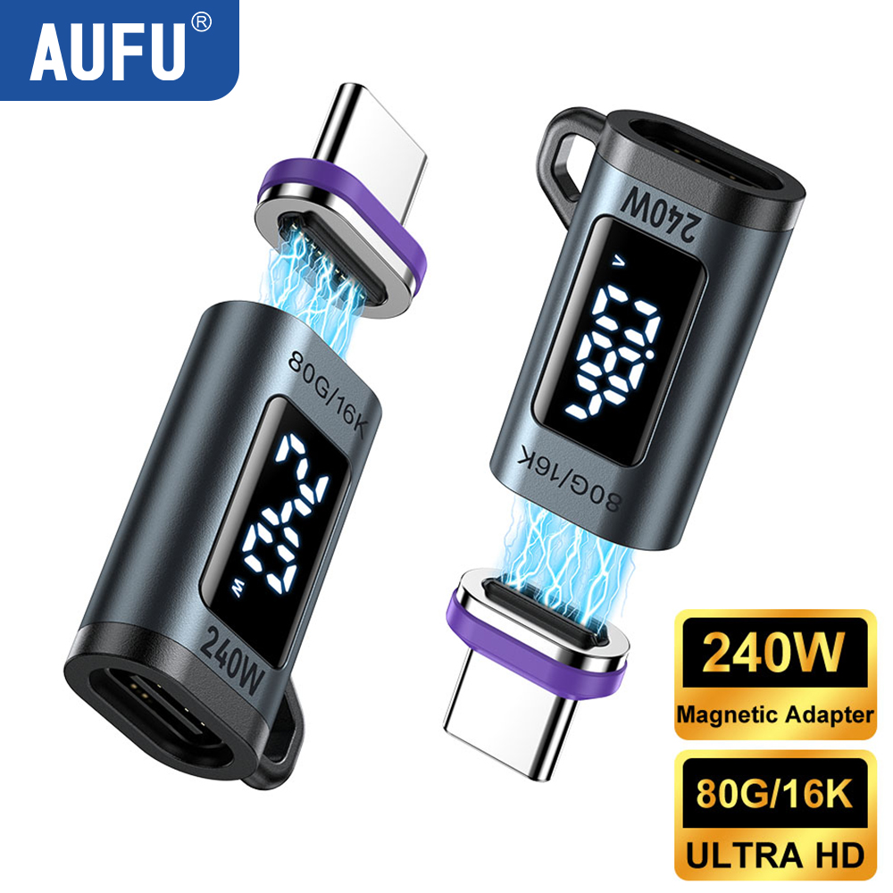 AUFU 240W Magnetische Adapter met Digitaal Display USB-C naar Type-C Adapter Snelle Oplading USB4 Connector 80Gbps voor Thunderbolt 5 iPhone 16