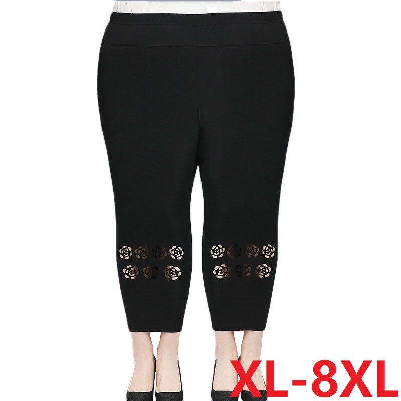 5XL 6XL 8XL Sommer Frauen Dünne Cropped Hosen Neue Elastische Hohe Taille Gerade Hosen Hohl Lose Mittleren alters Weiblichen casual Hosen