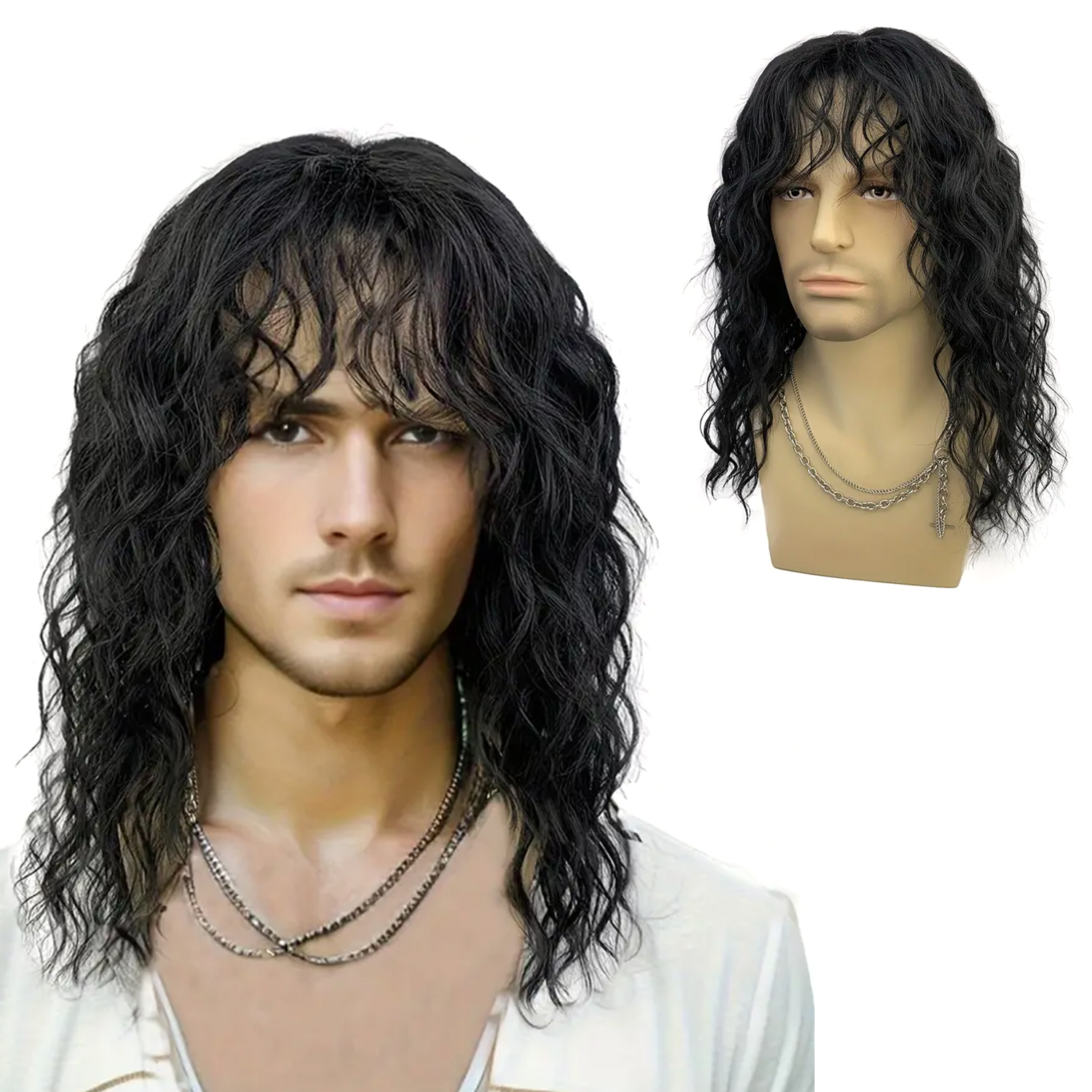 18 นิ้วสังเคราะห์ Rock วิกผมผู้ชาย/ผู้หญิงสีดําสีขาว Bangs ยาว Wavy Curly วิกผมปาร์ตี้หรือวิกผมฮาโลวีน