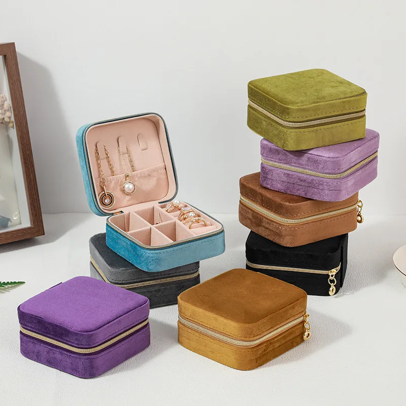 Portagioie in velluto per donna, collana, anello, orecchini, supporto per organizer, custodia per gioielli quadrata con cerniera portatile da viaggio