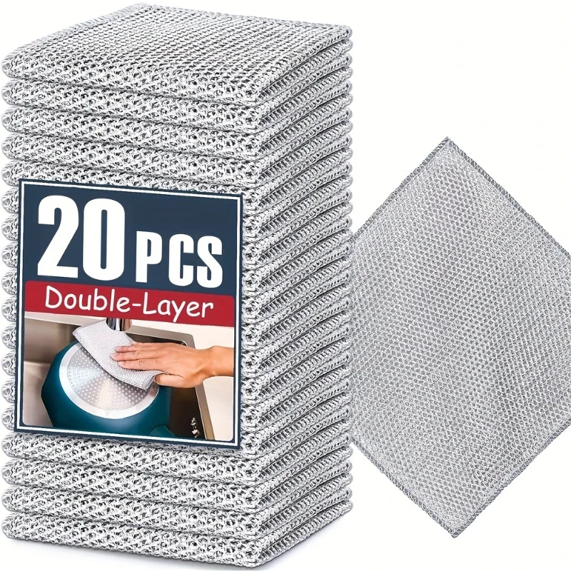 20/1x Stahldraht-Reinigungstücher, doppelschichtig, Metall, silberfarbener Draht, Geschirrtuch, Küche, Topf, Pfanne, Geschirr, antihaftbeschichtetes Öllappen-Tuch