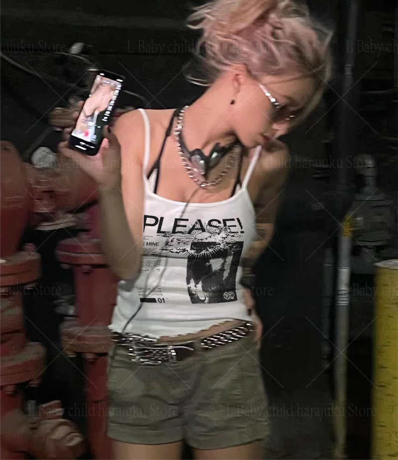 Y2k Gothic ubrania z nadrukiem Vintage Punk Emo seksowna kobieta koszulka Top damska Grunge krótki Top Tank Top Street Baby Tee ubranka 00s