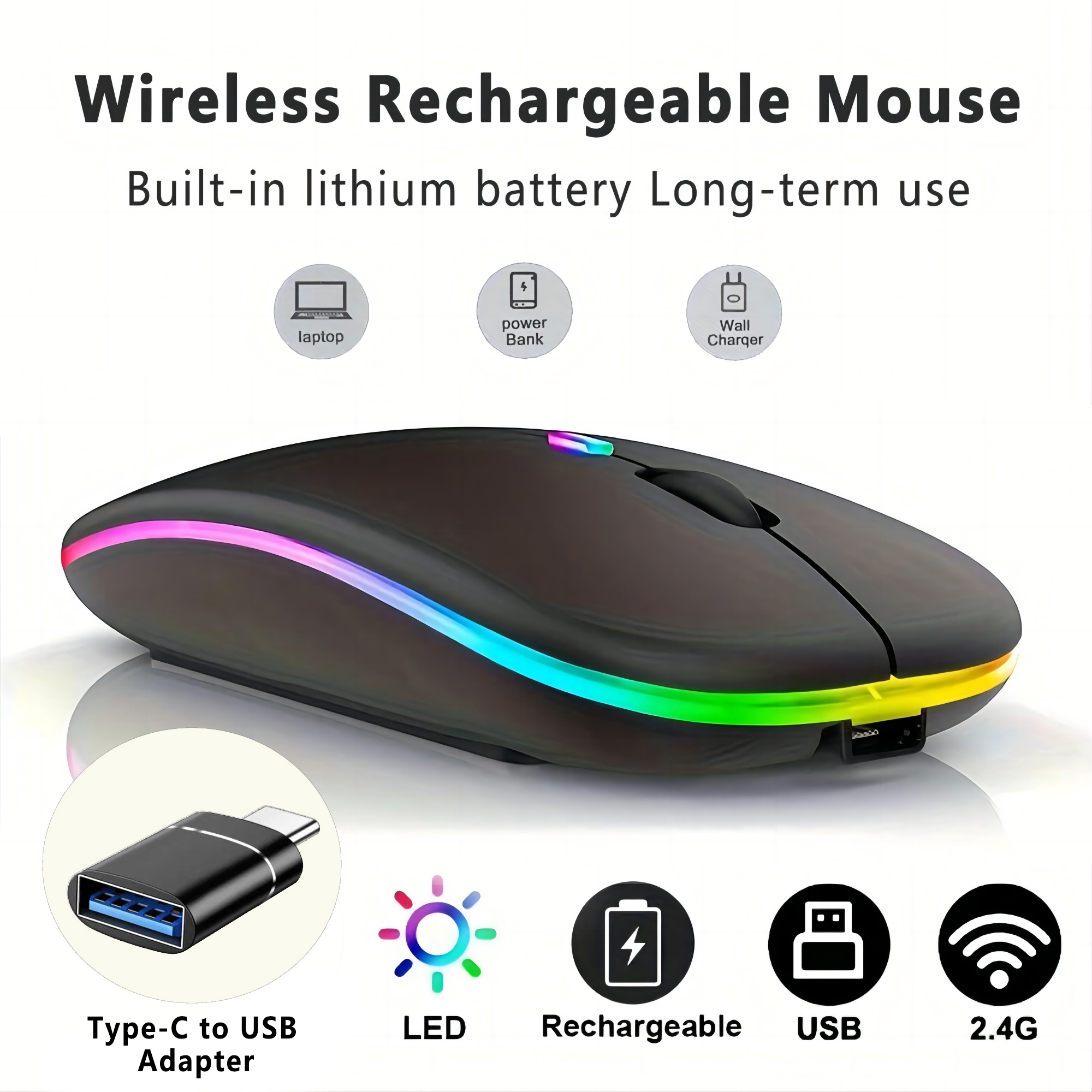 Draadloze oplaadbare muis met LED-achtergrondverlichting Bluetooth met Type-C-adapter Gamingmuis Geschikt voor MAC/Laptop/PC/Windows