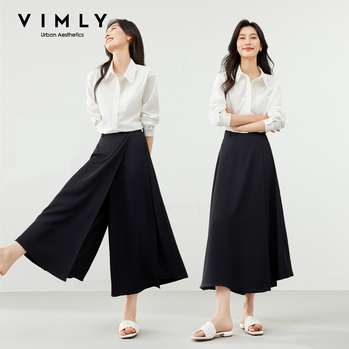 Vimly zwarte broek met wijde pijpen 2026 herfst zwierige enkellange broek met zijrits detail Office Lady Commuter Fashion Bottoms A1738