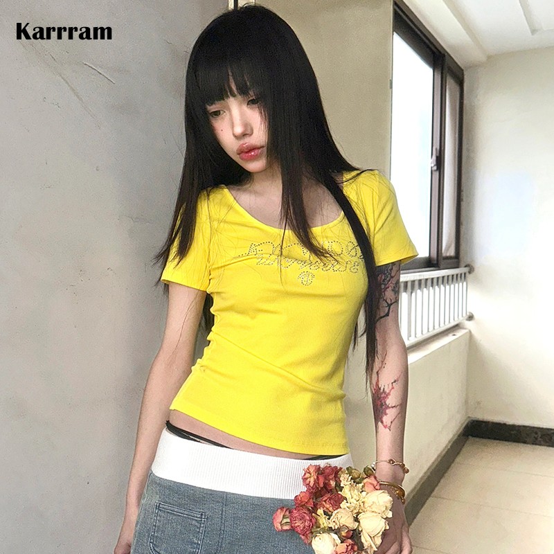 Karrram Japanse Y 2K Steentjes T-Shirt Vintage Harajuku Diamant Letterprint T Shirts Trashy 2000S Esthetiek Gele Crop Top