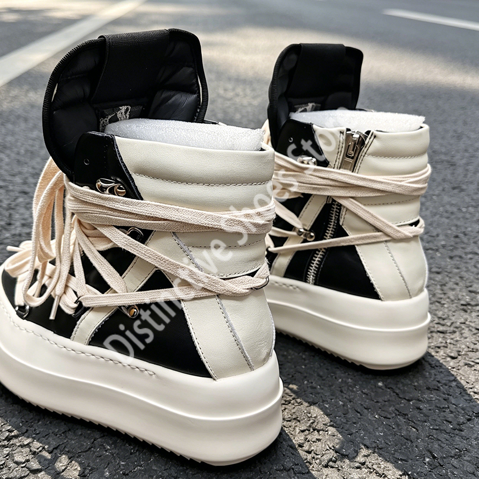 Sneakers Casual in Pelle con Lacci Incrociati, Triangolo Invertito, Zip Laterale, Doppia Suola e Piattaforma Spessa, Modello Geobasket, per Uomo e Donna