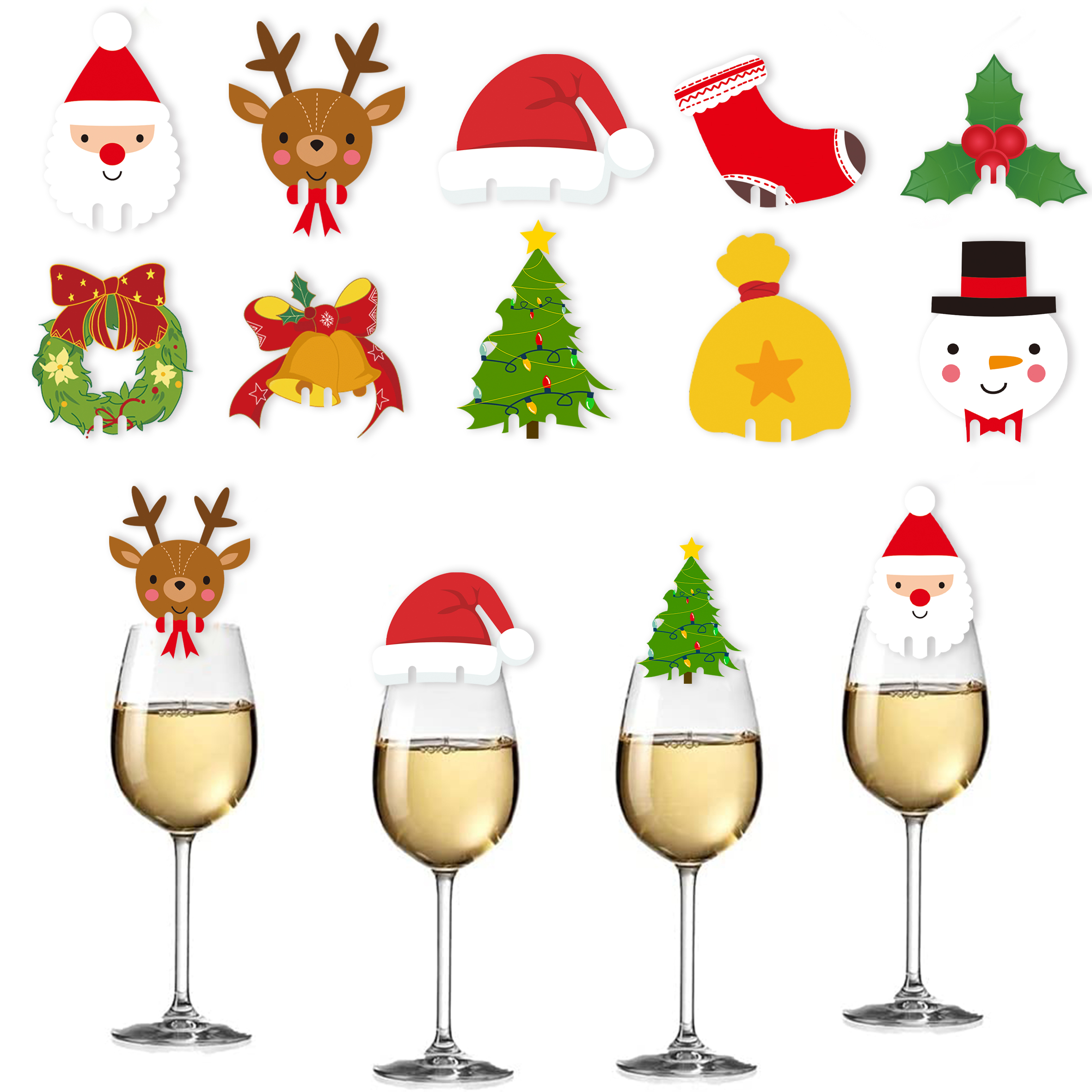 100 pçs decoração de vidro de vinho de natal chapéu de papai noel árvore de natal boneco de neve copo cartão casa mesa lugar decoração navidad ano novo festa fornecimento